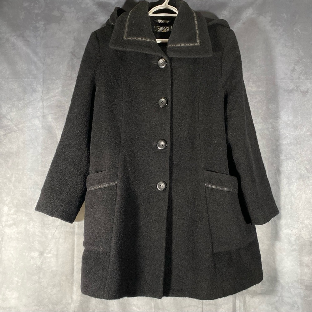 Vintage Wool Mohair Alpaca Blend Coat Hooded Black Jacket Sz 14‎ Me Jay Montreal
